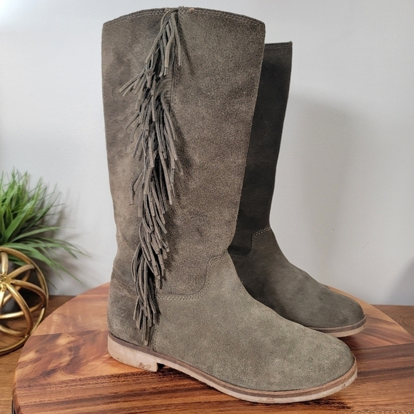 Lucky Brand Grayer Green Suede Fringe Kndd High Boots Size 7.5 - Picture 3 of 15